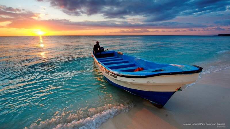 Blue Boat on Beach — Serene, Sunset, Photograph