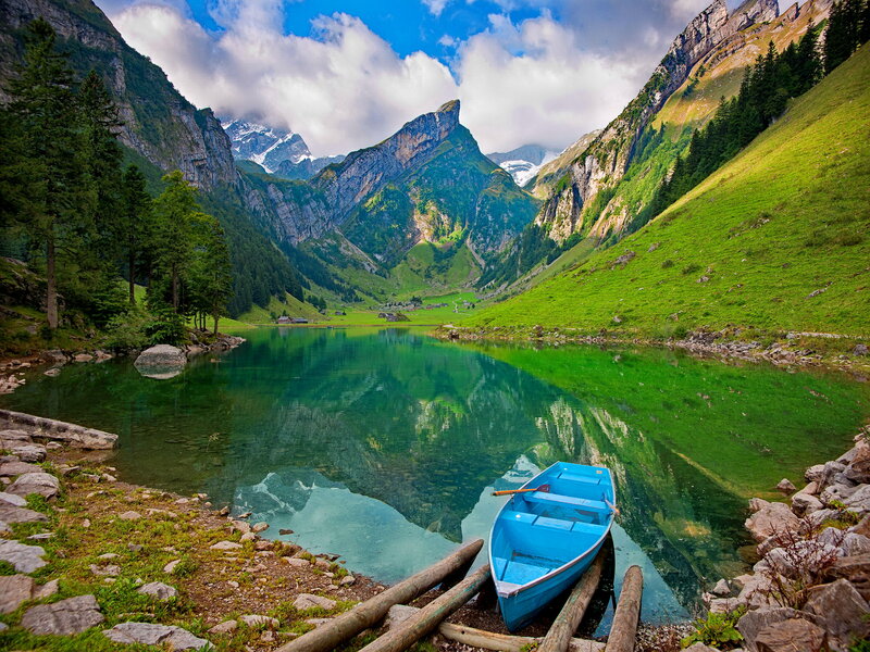 Blue Boat on Lake — Green, Serene, Afternoon, Photograph, Mountains