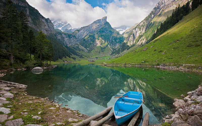 Blue Boat on Lake — Green, Serene