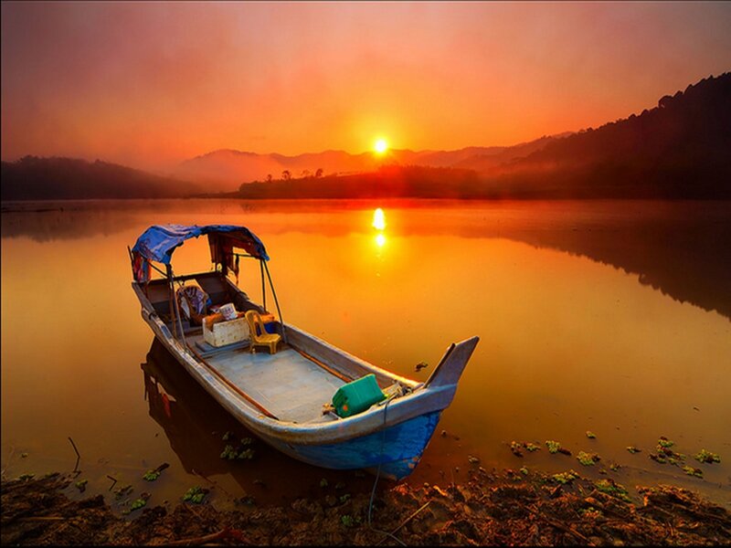 Blue Boat on Lake — Orange, Serene