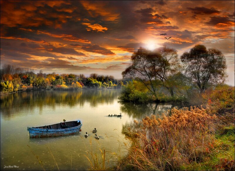 Blue Boat on Lake — Orange