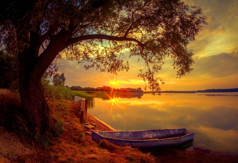 Blue Boat on Lake Shore — Orange