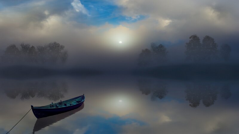 Blue Boat on Misty Lake