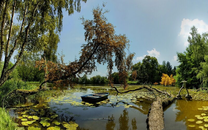 Blue Boat on Pond — Green, Serene, Summer
