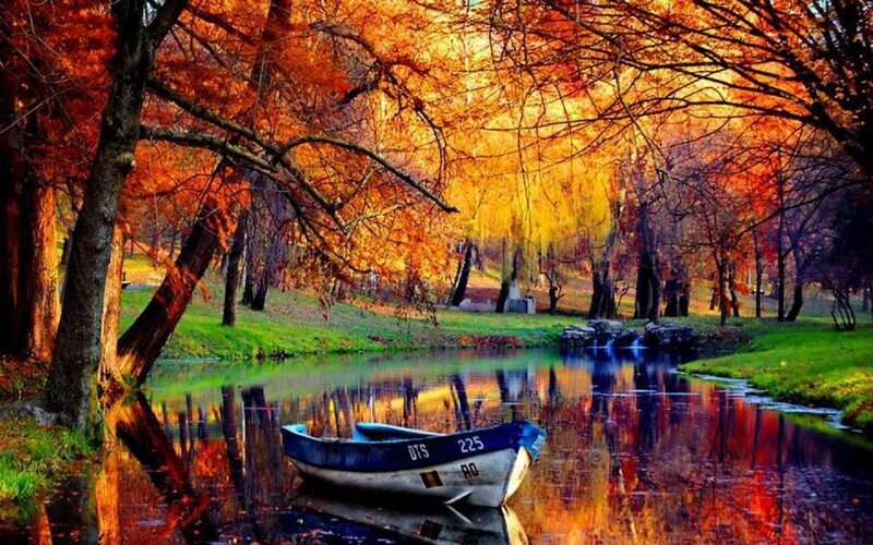 Blue Boat on River — Orange, Serene, Autumn
