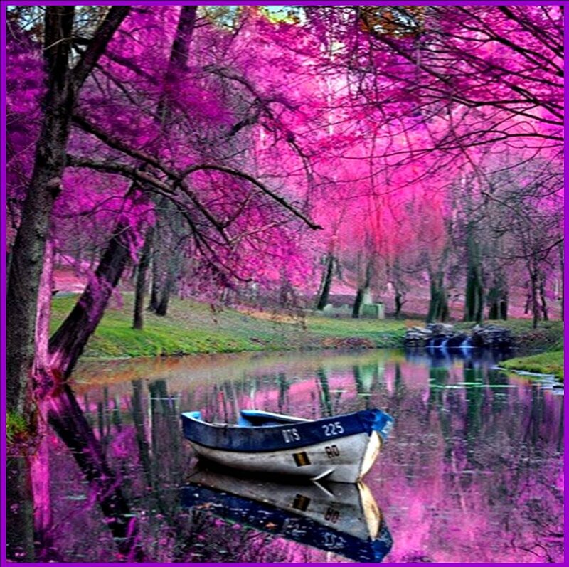 Blue Boat on River — Purple