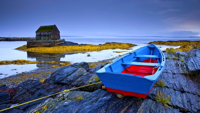 Blue Boat on Rocks