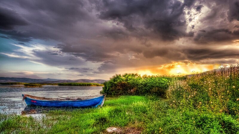 Blue Boat on Shore — Green, Dramatic