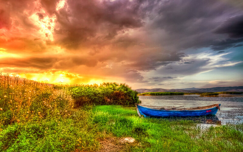 Blue Boat on Shore — Green