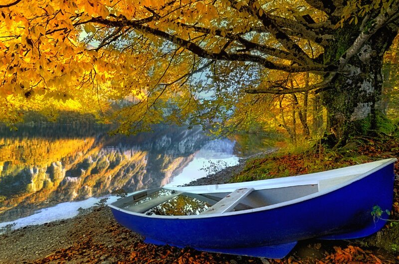 Blue Boat on Shore — Serene