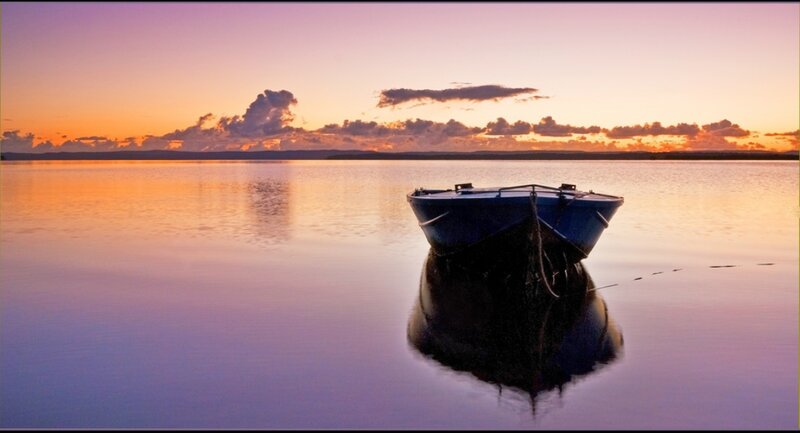 Blue Boat on Water — Purple