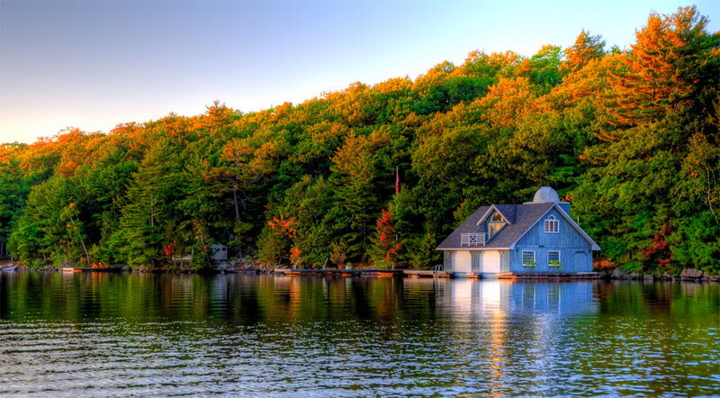 Blue Boathouse on Lake
