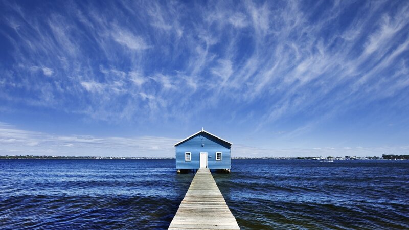 Blue Boathouse on Pier — Serene