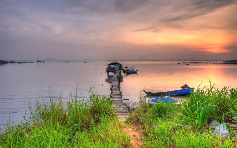 Blue Boats at Sunset