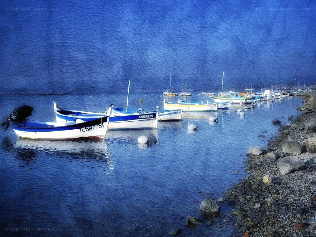 Blue boats in a harbor
