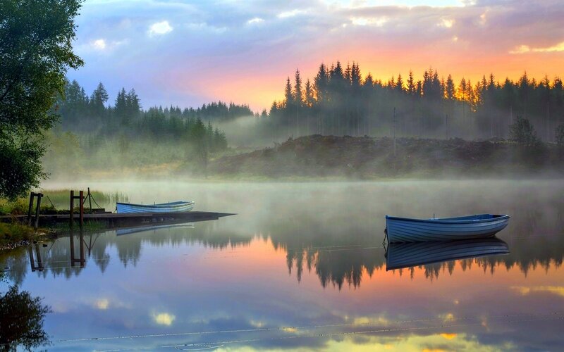 Blue Boats on Lake — Orange