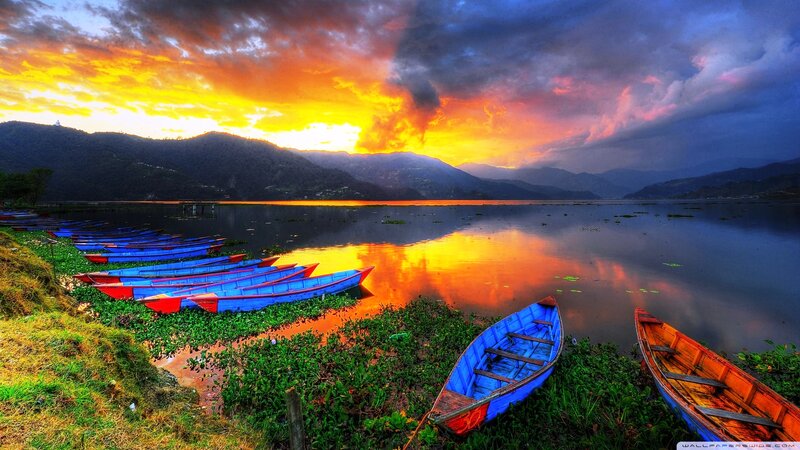 Blue Boats on Lake Shore — Orange, Dramatic