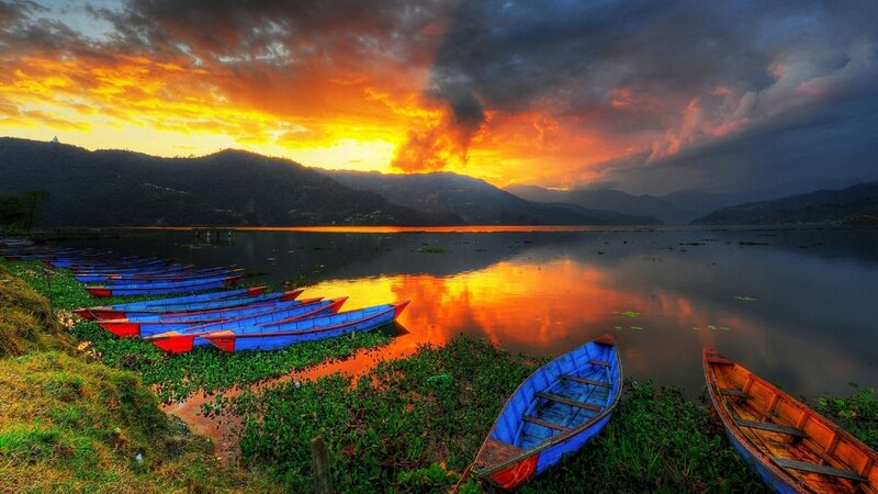 Blue Boats on Lake Shore — Orange