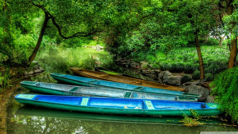 Blue Boats on River — Green, Serene, Afternoon