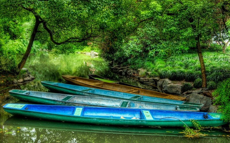 Blue Boats on River — Green