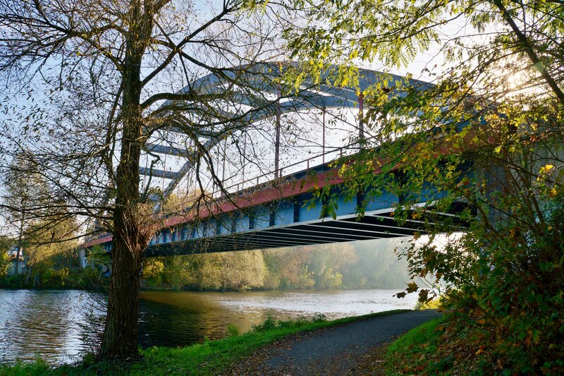 Blue Bridge over River — Green, Serene