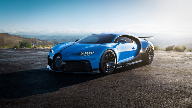Blue Bugatti Chiron — Dramatic, Afternoon, Photograph, Car, Mountains