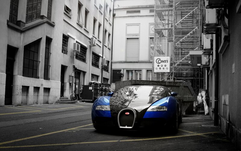 Blue Bugatti in alleyway