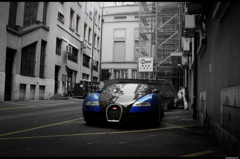 Blue Bugatti in an alley