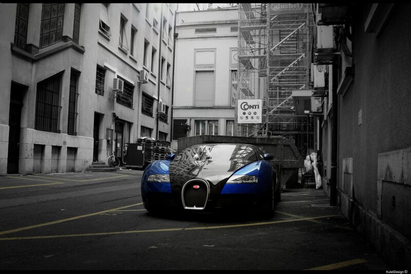 Blue Bugatti in an alley
