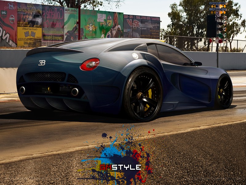 Blue Bugatti on a racetrack