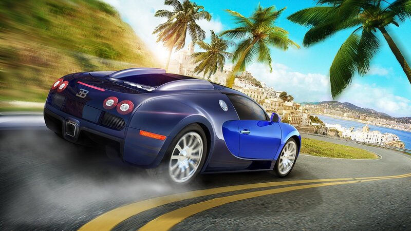 Blue Bugatti on coastal road
