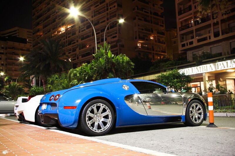 Blue Bugatti Veyron at night