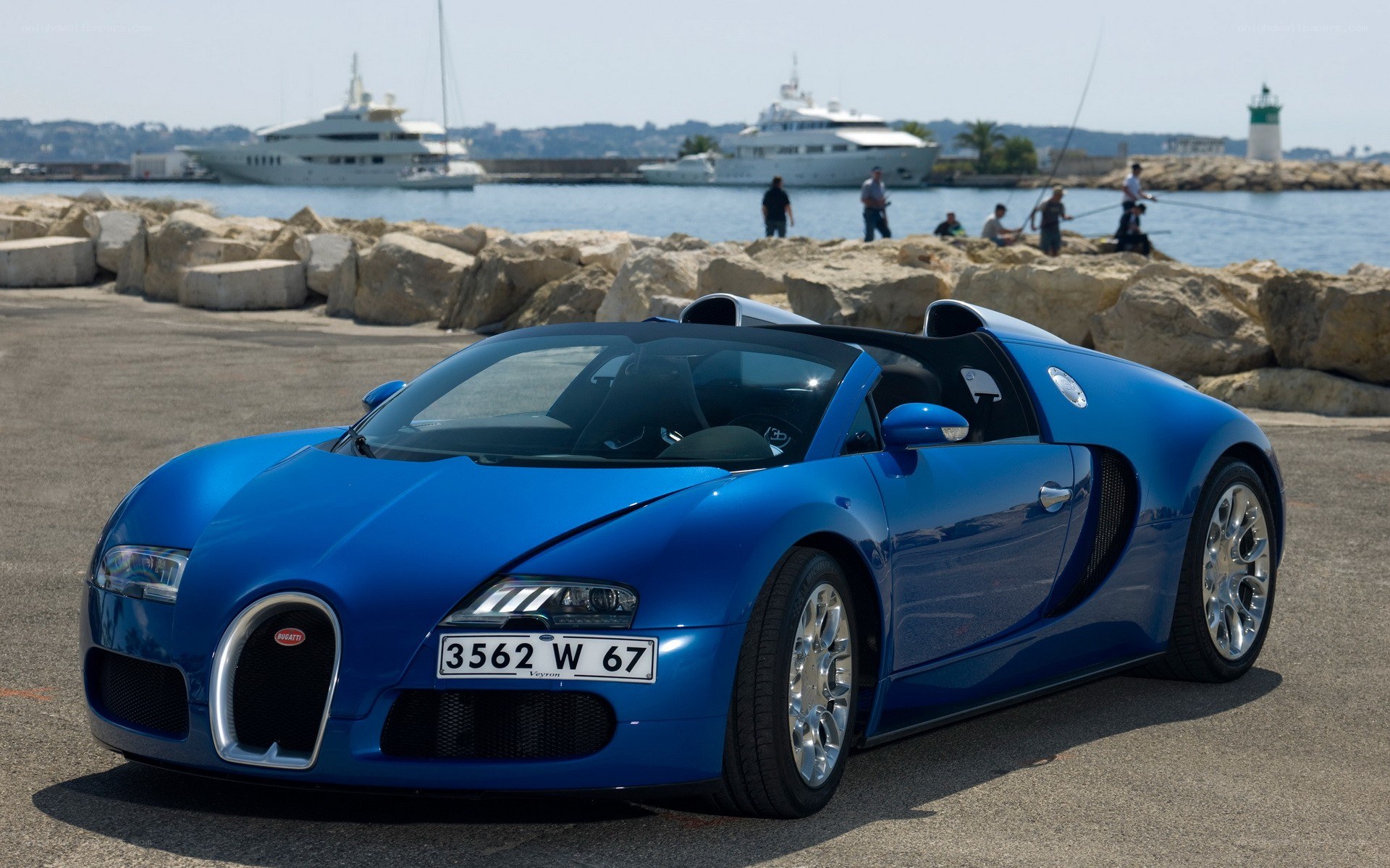 Blue Bugatti Veyron at the harbor