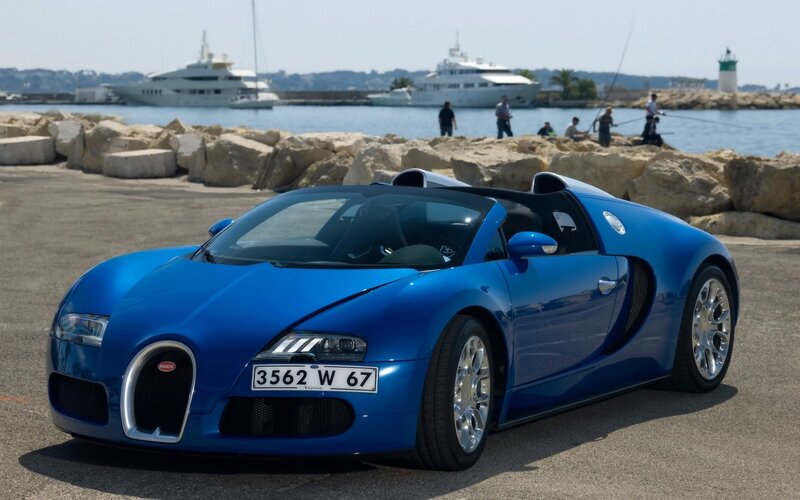 Blue Bugatti Veyron at the harbor