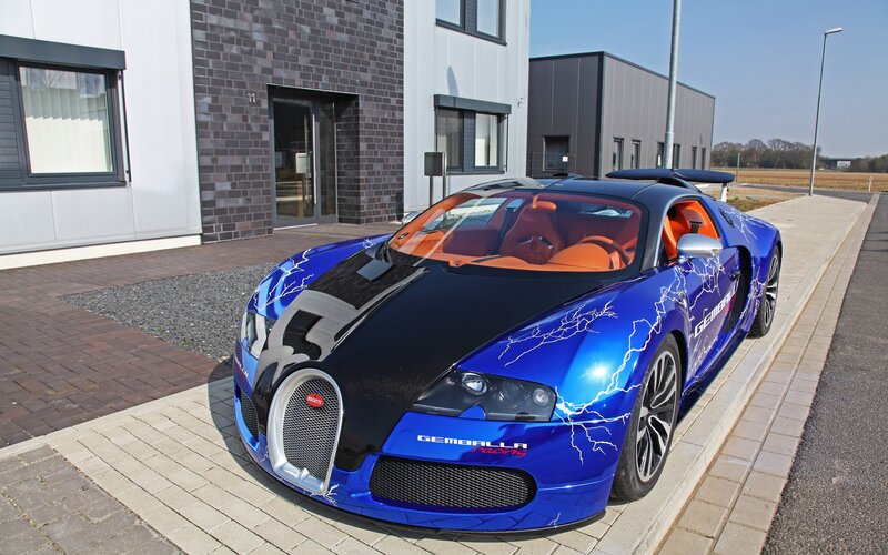 Blue Bugatti Veyron — Dramatic, Afternoon, Photograph, Car, Building, Road, Black, Orange