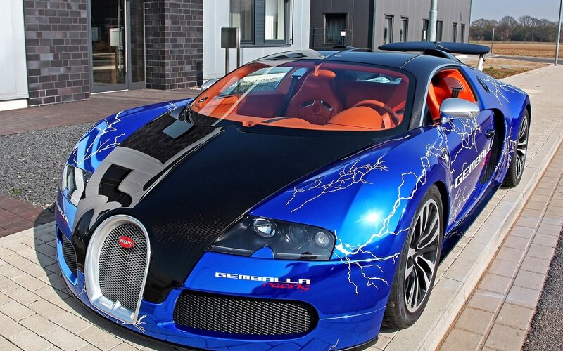 Blue Bugatti Veyron — Dramatic, Afternoon, Photograph, Car, Building, Road