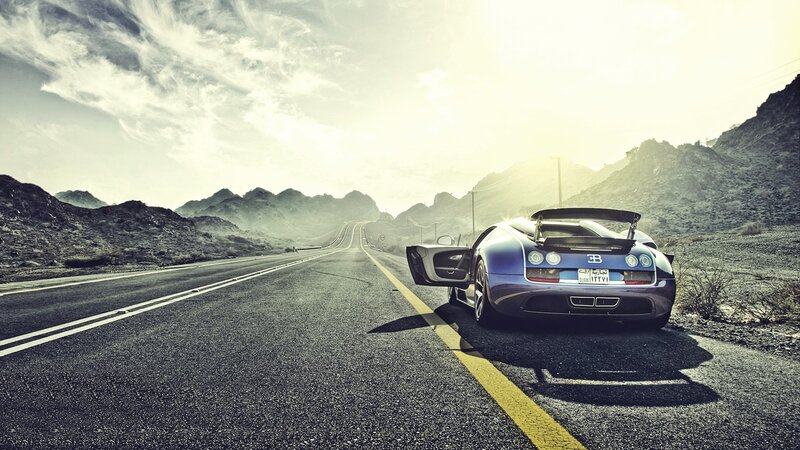 Blue Bugatti Veyron — Dramatic, Afternoon, Photograph, Car, Road