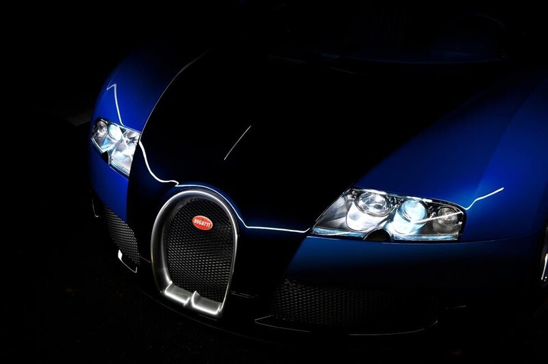 Blue Bugatti Veyron — Dramatic, Night, Photograph, Headlights
