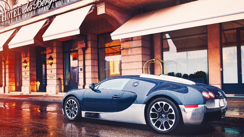 Blue Bugatti Veyron — Dramatic, Night, Photograph, Hotel