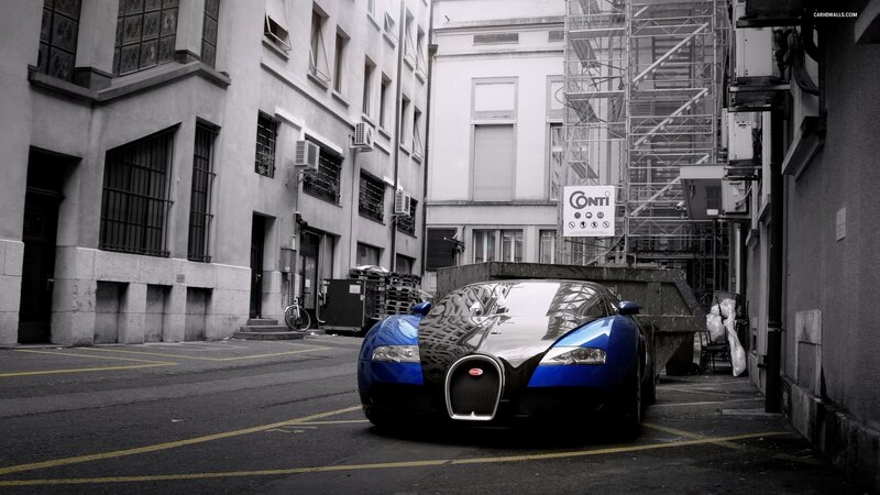 Blue Bugatti Veyron — Dramatic, Photograph, Car, Building, Alley
