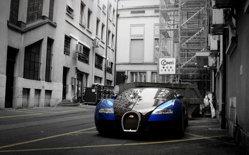 Blue Bugatti Veyron — Dramatic, Photograph, Car, Building, Scaffolding