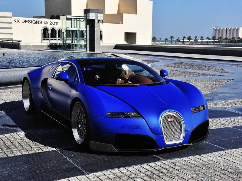 Blue Bugatti Veyron in front of building
