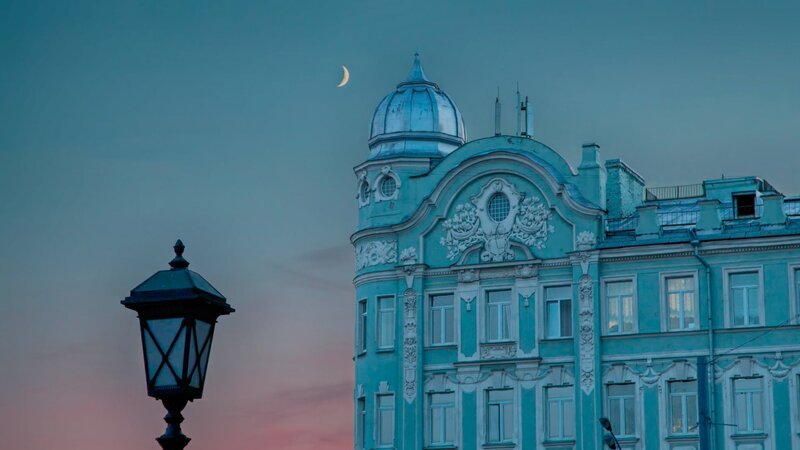 Blue Building with Crescent Moon