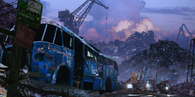 Blue Bus in Junkyard