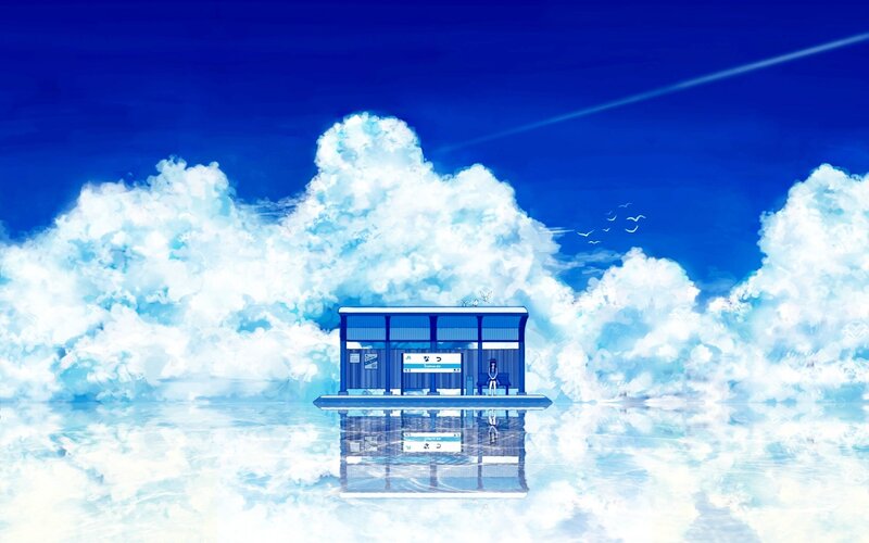 Blue Bus Stop in Clouds — Serene, Digital Art