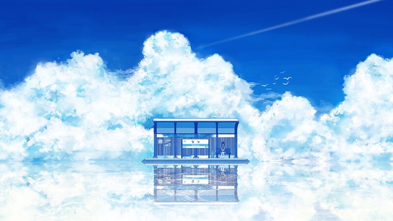 Blue Bus Stop in Clouds — Serene