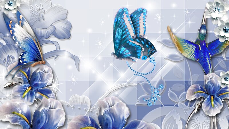 Blue Butterflies and Flowers — Dreamy, Digital Art, Hummingbird