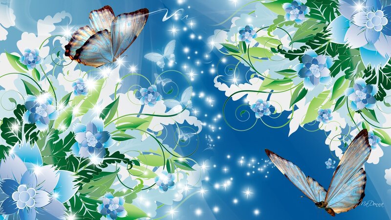 Blue Butterflies and Flowers — Dreamy