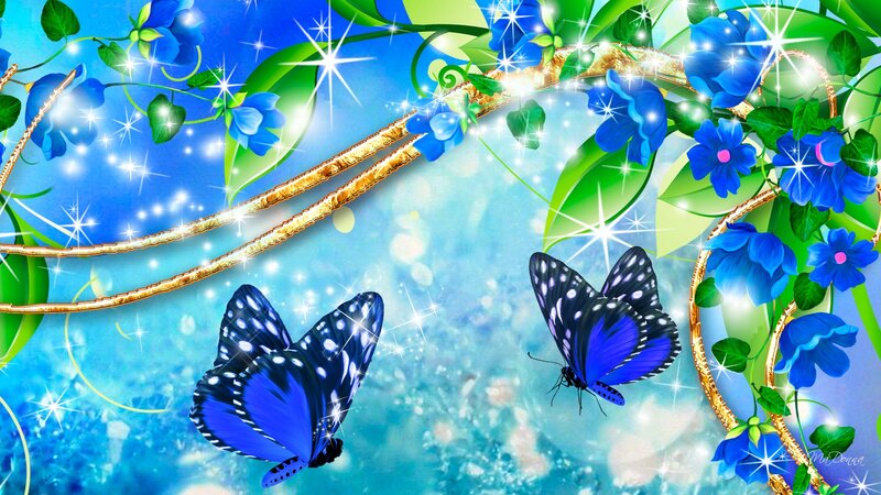 Blue Butterflies and Flowers — Magical, Digital Art