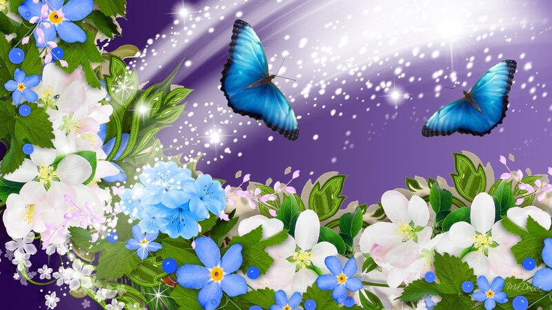 Blue Butterflies and Flowers — Purple